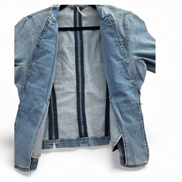Free People Women's Fitted Military Denim Jean Jacket Indigo Blue Size Large - Picture 8 of 9